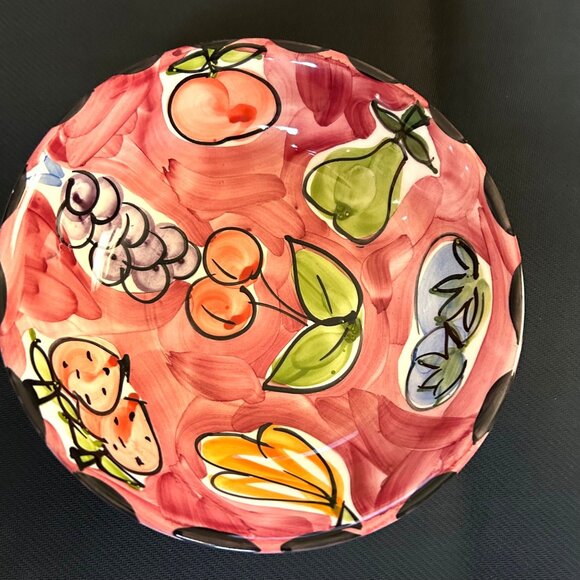 Stoviglielia Pink/Red Italian Hand-Painted Ceramic Fruit Bowl 9” Dining READ: - Picture 2 of 10